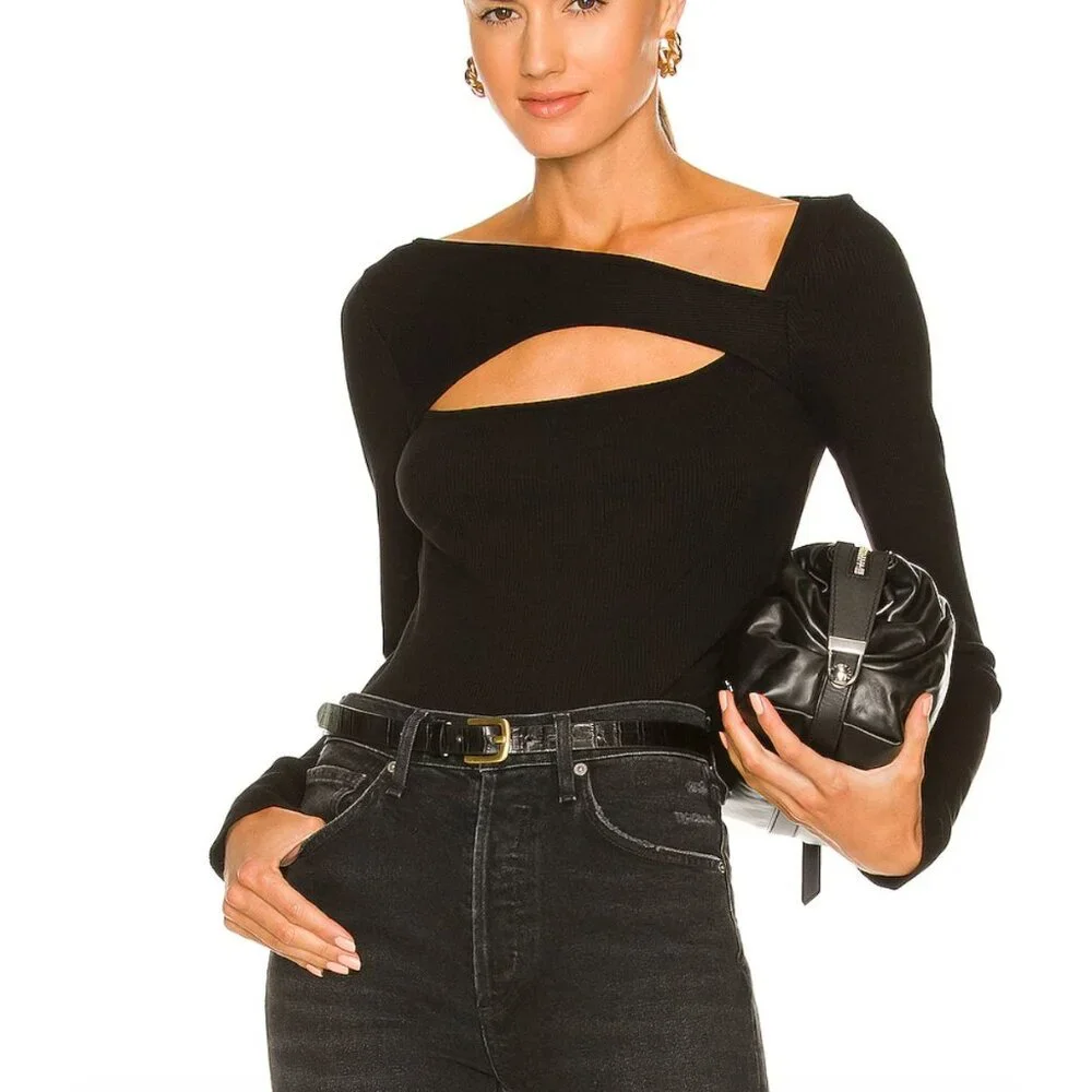 Citizens of Humanity Iris Long Sleeve Cut Out Top Ribbed Black Size XL